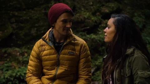 Couple Talking on Path in State Forest, Mountains Hikers Woods Stock Footage 102401144