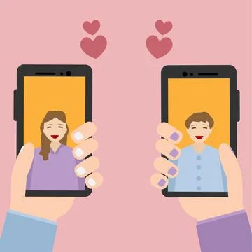 Couple talking through video call and messages on smartphone. Illustration