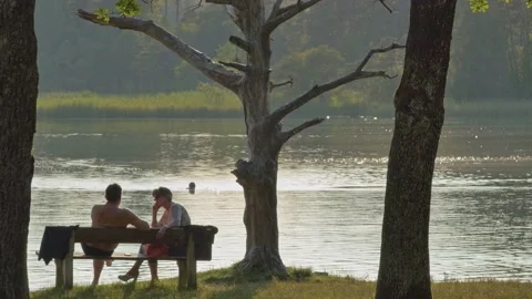 Couple talks on lakeside bench during sunset handheld Video stock 132763954