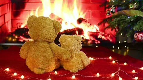Couple of teddy bears sit hugging each other on a knitted blanket against the Stock-Footage 221413093