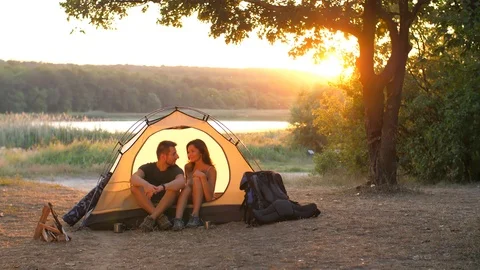 Couple in a tent on nature Stock Footage 94422011