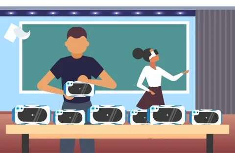 Couple testing 3d glasses students wearing virtual reality digital goggles Illustrazione stock
