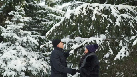 Couple Throws Snow off Tree Branch Stock Footage 99211709