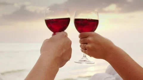 Couple toasting with red wine on beach at sunset, romantic evening celebrat.. Stock Footage 334800995
