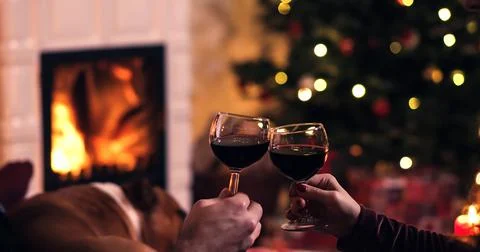 Couple toasting with red wine in front of cosy fireplace with sleeping dog and Stock Photos