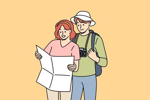 Couple of tourists study map, choosing route for hike in mountains with wildlife Ilustração Stock
