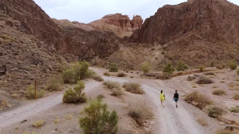 A couple of tourists walking along the canyon Stock Footage 258478853