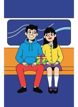 Couple on a Train with a Gift Stock Illustration