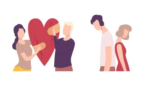Couple Trying to Save Love and Feelings Holding Heart with Adhesive Bandage Stock Illustration
