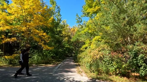 Couple turn corner on a scenic fall hike evergreen brickworks yellow autumn Stock Footage 217439581