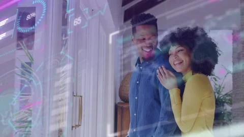 Couple turning left after smart HUD alert, checking animated percent meters over Vídeo Stock 333448458