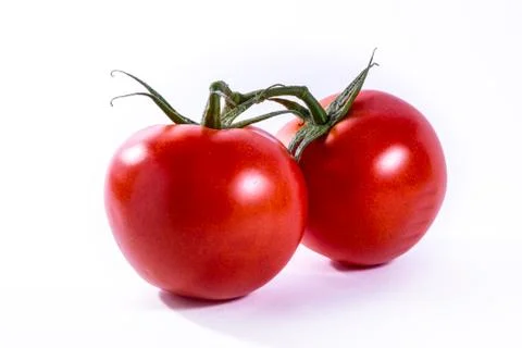 Couple Two Tomatoes Connected Stems Fresh Vegetables Cooking Ingredient Iso.. Stock Photos