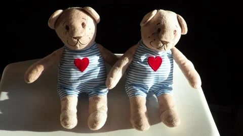 Couple of two toy teddy bear with red hearts Stock Footage 144315168