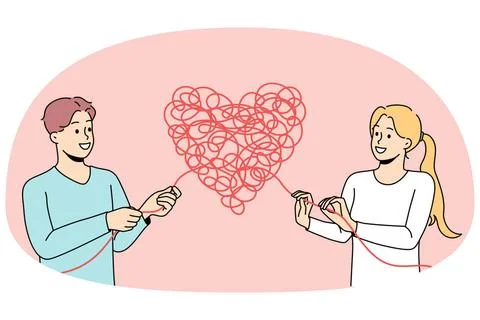 Couple untangle love problems Man and woman untangle heart solve relations... Foto stock