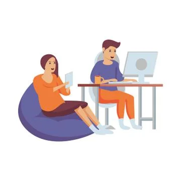 Couple using computer and tablet work at home Stock Illustration