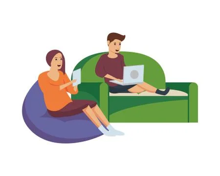 Couple using computer and tablet work at home Stock Illustration