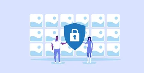 Couple using computer application privacy data protection access personal album Stock Illustration