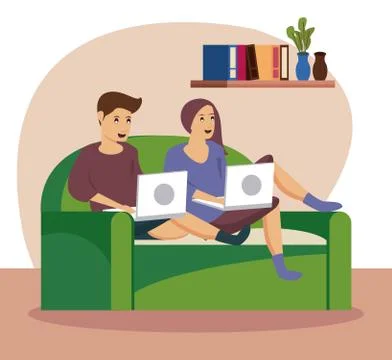 Couple using computers work at home 스톡 일러스트