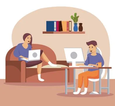 Couple using computers work at home Stock Illustration