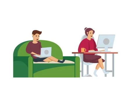 Couple using computers work at home 스톡 일러스트