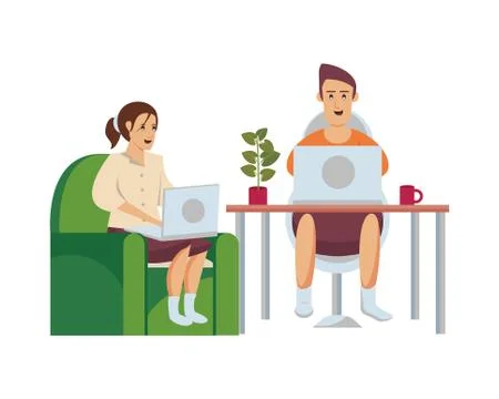 Couple using computers work at home 스톡 일러스트