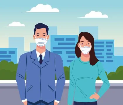 Couple using face mask for corona virus on the city Ilustração Stock