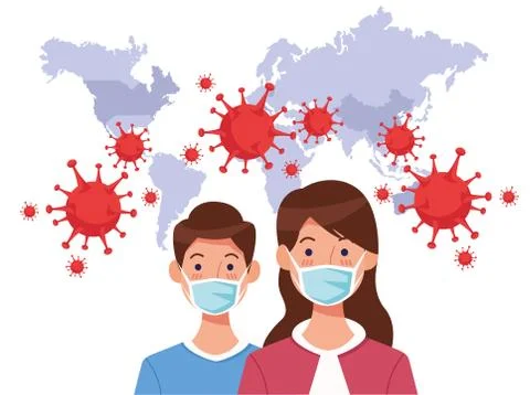 Couple using face mask with covid19 particles and earth maps Ilustração Stock
