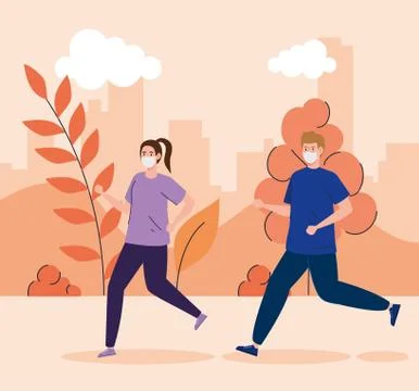 Couple using face mask running in landscape Ilustração Stock