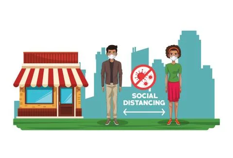 Couple using face masks with stop covid19 signal on the street Ilustração Stock