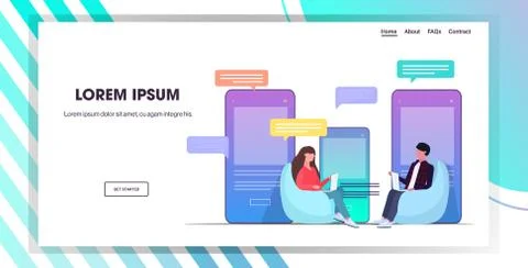 Couple using laptop computer chatting app social network speech chat bubble c Stock Illustration