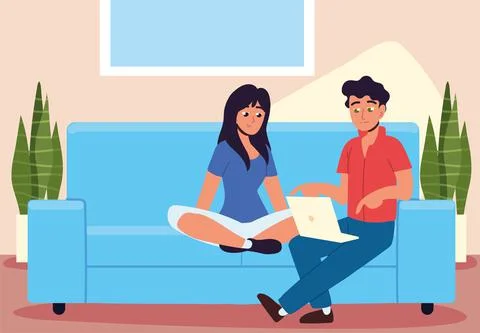 Couple using laptop on sofa Stock Illustration