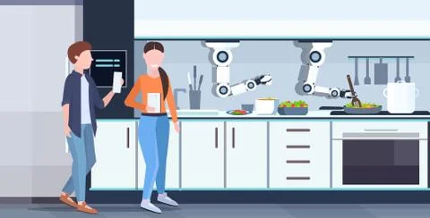 Couple using mobile app controlling smart handy chef robot preparing fried eggs イラスト素材