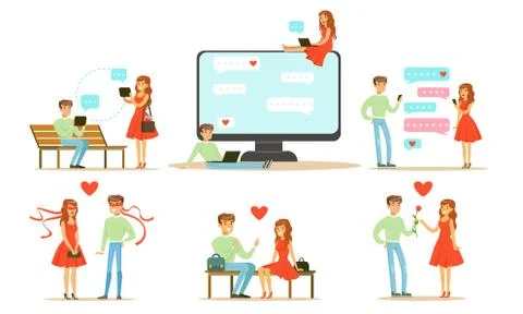 Couple Using Mobile Application for Dating, Young Man and Woman Chatting Online Ilustración de archivo