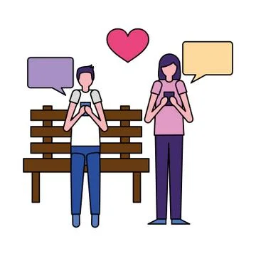 Couple using mobile in the bench park Ilustração Stock