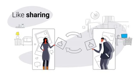 Couple using mobile online application social media network like sharing concept Illustrazione stock