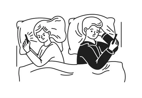Couple Using Phones in Bed Lined Illustration 스톡 일러스트