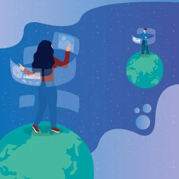 Couple using reality virtual tech in interactive display Illustrazione stock