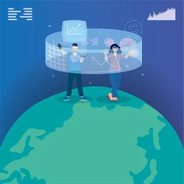 Couple using reality virtual tech in interactive display Stock Illustration