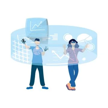 Couple using reality virtual tech in interactive display Illustrazione stock