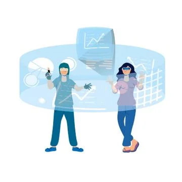 Couple using reality virtual tech in interactive display Illustrazione stock