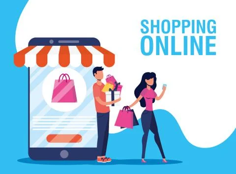 Couple using shopping online tech in smartphone Stock Illustration