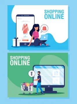 Couple using shopping online tech in dasktop and smartphone Stock Illustration