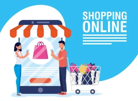 Couple using shopping online tech in smartphone Stock Illustration