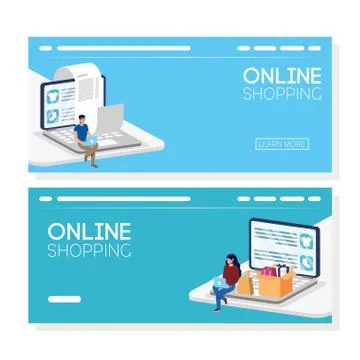 Couple using shopping online tech in laptop Stock Illustration