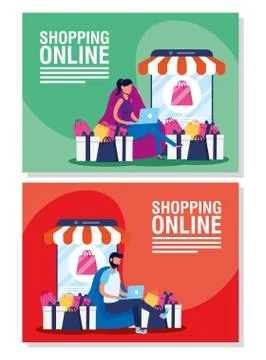 Couple using shopping online tech in laptop and smartphone イラスト素材