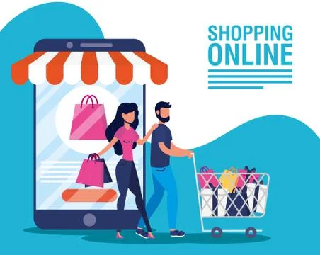 Couple using shopping online tech in smartphone Illustrazione stock