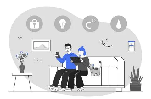 Couple using smart home devices on sofa. Vector illustration Illustrazione stock