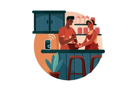 Couple using a smart speaker to cook the food Stockillustratie