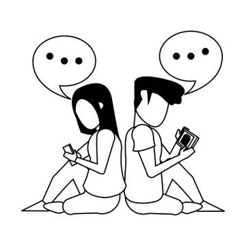 Couple using smartphone technology cartoon in black and white Illustrazione stock