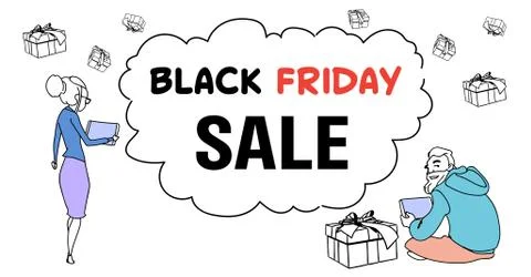 Couple using tablet black friday online shopping concept chat bubble cloud rear Stock Illustration